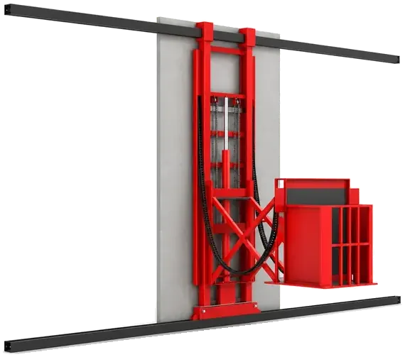 Подъёмник 3D в правом ракурсе: кабина, направляющие и гидроцилиндр